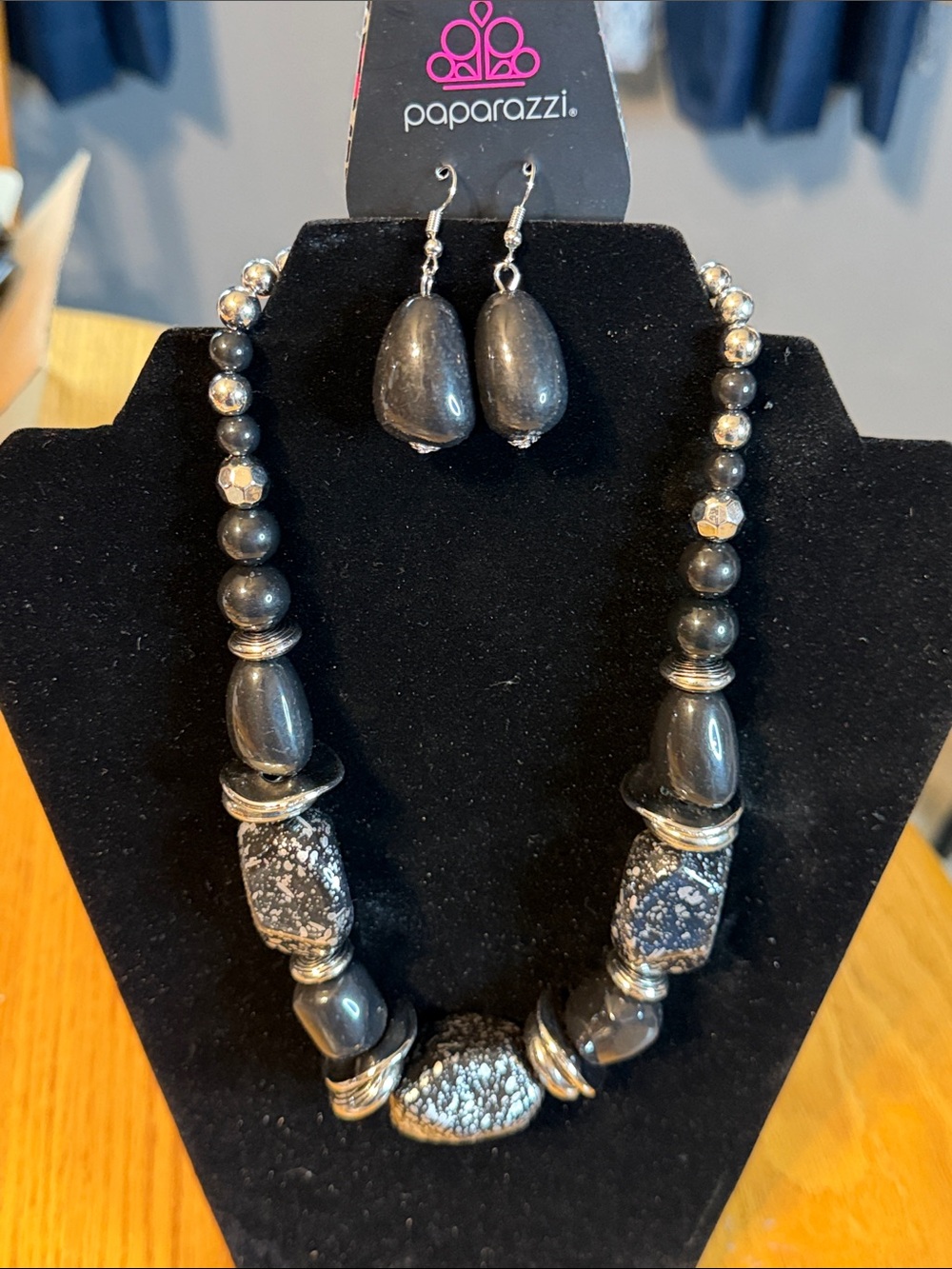 Paparazzi Black and Silver Speckled Bead Necklace with Matching Drops
